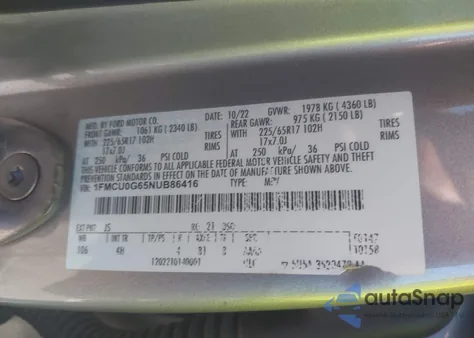 2022 Ford Escape Se из США, поврежденный, VIN 1FMCU0G65NUB86416